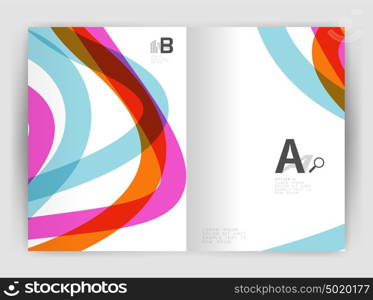 Business brochure flyer tempalate, wave and line abstract background. Business brochure flyer template, wave and line abstract background. Colorful curvy and wavy stripes on print template with sample text