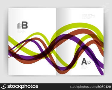 Business brochure flyer tempalate, wave and line abstract background. Business brochure flyer template, wave and line abstract background. Colorful curvy and wavy stripes on print template with sample text