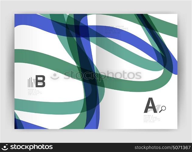Business brochure flyer tempalate, wave and line abstract background. Business brochure flyer template, wave and line abstract background. Colorful curvy and wavy stripes on print template with sample text