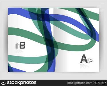 Business brochure flyer tempalate, wave and line abstract background. Business brochure flyer template, wave and line abstract background. Colorful curvy and wavy stripes on print template with sample text