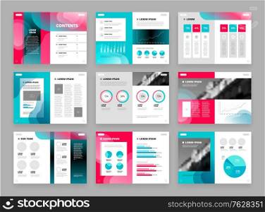 Business brochure template set with text field diagram graph isolated on grey background flat vector illustration