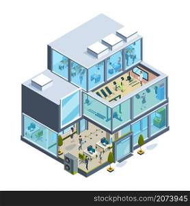 Business building isometric. Glass facade offices inside modern architecture elevators garish vector house. Facade office isometric with gym and lobby illustration. Business building isometric. Glass facade offices inside modern architecture elevators garish vector house