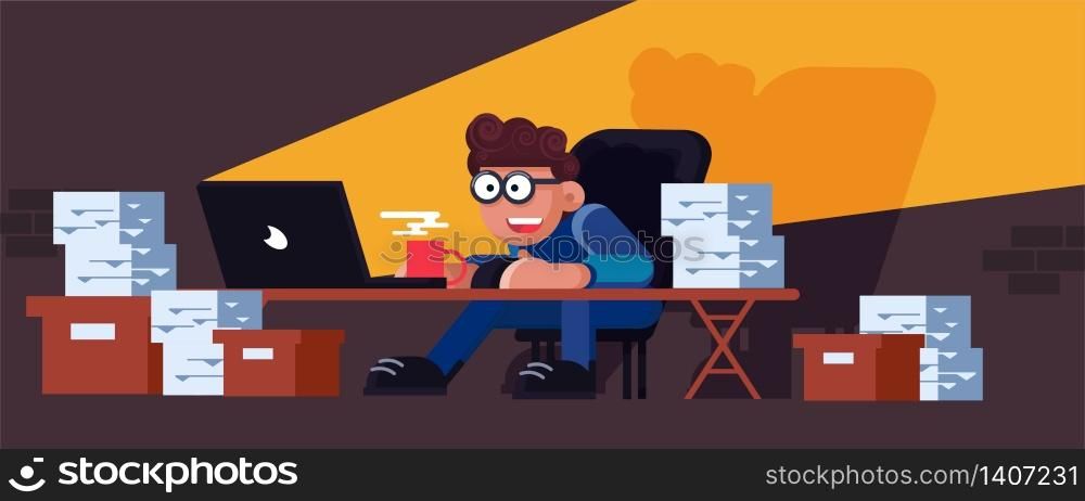 Business busy paper work vector workflow accountant man vector. Workaholic secretary with computer laptop illustration. Overworked pile desk document deadline. Office employee hard job workplace