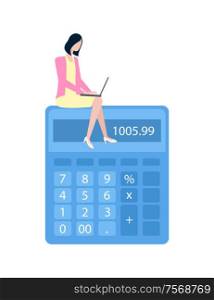 Business calculations, female entrepreneur with laptop vector. Businesswoman with notebook and calculator, accounting and financial data, budget planning. Business Calculations, Entrepreneur with Laptop