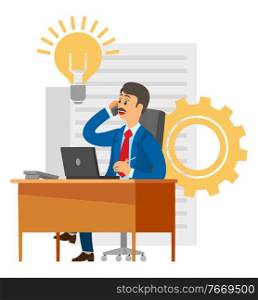 Business call of boss vector, isolated character solving problems of company flat style. Man consulting with partners. Document and lightbulb with gear. Businessman Talking on Phone Business Conference