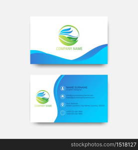 Business card design blue smooth ocean wave lines curve with green leaf eco symbol logo natural organic vector clean background