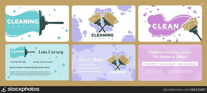 Business card design set for cleaning service. Housekeeping company branding collection with flat elements, vector illustration. Home and office cleanup advertising, creative identity. Business card design set for cleaning service