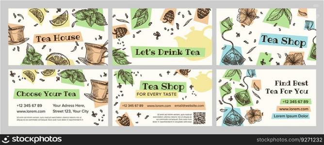 Business card design set for tea house branding. Decorative element collection with handdrawn tea cup, lemon and plants, vector illustration. Store advertising with contacts. Business card design set for tea house branding