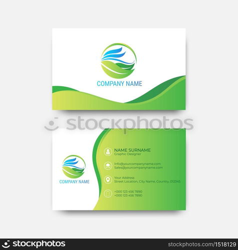 Business card green leaf eco symbol logo natural organic design with smooth ocean wave vector clean background illustration