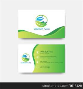 Business card green leaf eco symbol logo natural organic design with smooth ocean wave vector clean background illustration