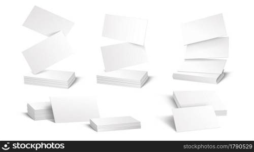 Business card mockup. Realistic blank white corporate identity paper sheets. Isolated notes flying and lying in stacks. Office stationery. Typography print template. Vector empty pages for branding. Business card mockup. Realistic blank white corporate identity paper sheets. Notes flying and lying in stacks. Office stationery. Typography print template. Vector pages for branding