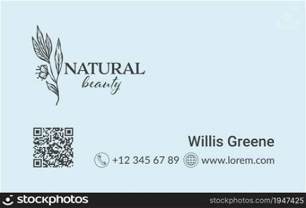 Business card of beautician salon or shop, store with cosmetics. Natural beauty black and white design with name, phone number and web site page. Monochrome sketch outline, vector in flat style. Natural beauty, business card of salon or shop