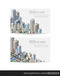 Business card of real estate agency or a travel portal with isometric city with buildings, offices and skyscrapers
