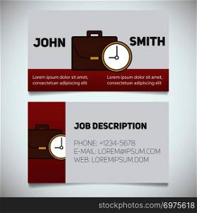 Business card print template with briefcase and clock logo. Easy edit. Manager. Work management. Businessman. Stationery design concept. Vector illustration. Business card print template with briefcase and clock logo