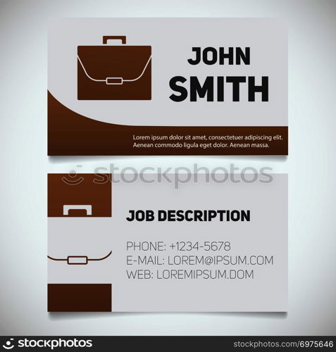 Business card print template with briefcase logo. Manager. Businessman. Lawyer. Stationery design concept. Vector illustration. Business card print template with briefcase logo
