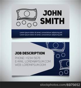 Business card print template with cash and coins logo. Businessman. Accountant. Stationery design concept. Vector illustration. Business card print template with cash and coins logo