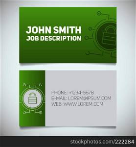 Business card print template with closed lock logo. Easy edit. Cyber security. System administrator. Padlock in microchip pathways. Stationery design concept. Vector illustration. Business card print template with closed lock logo