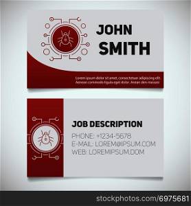 Business card print template with computer virus bug logo. Programmer. Cyber security. Stationery design concept. Vector illustration. Business card print template with computer virus bug logo