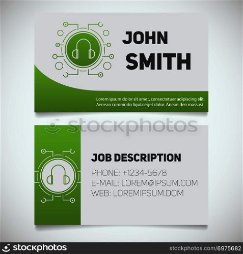 Business card print template with headphones logo. Manager. Music producer. DJ. Digital music. Stationery design concept. Vector illustration. Business card print template with headphones logo