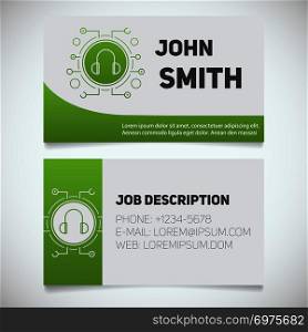 Business card print template with headphones logo. Manager. Music producer. DJ. Digital music. Stationery design concept. Vector illustration. Business card print template with headphones logo