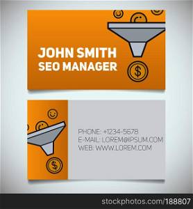 Business card print template with sales funnel logo. Easy edit. Marketer. Seo manager. Stationery design concept. Vector illustration. Business card print template with sales funnel logo