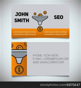 Business card print template with sales funnel logo. Marketer. Seo manager. Stationery design concept. Vector illustration. Business card print template with sales funnel logo