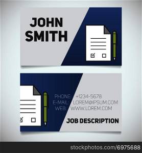 Business card print template with signed contract and pen logo. Manager. Lawyer. Negotiator. Advocate. Stationery design concept. Vector illustration. Business card print template with signed contract and pen logo