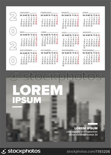 Business card size 2020 calendar template - front and back side - horizontal version. Business card size 2020 calendar template
