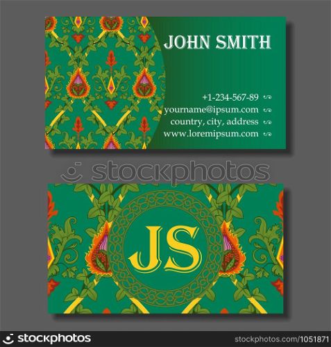Business card template, green and orange vintage pattern with ivy, leafs and fire flowers. Vector illustration. Business card template green and orange vintage pattern