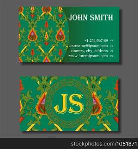 Business card template, green and orange vintage pattern with ivy, leafs and fire flowers. Vector illustration. Business card template green and orange vintage pattern