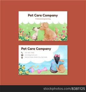 Business card template with cute dog and cat hugging concept,watercolor style 