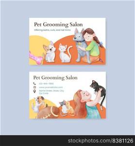 Business card template with cute dog and cat hugging concept,watercolor style
