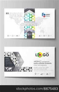 Business card templates. Abstract template, vector layout. Chemistry pattern, hexagonal design molecule structure, scientific, medical DNA research. Geometric colorful background.. Business card templates. Easy editable layout, abstract vector design template. Chemistry pattern, hexagonal design molecule structure, scientific, medical DNA research. Geometric colorful background.