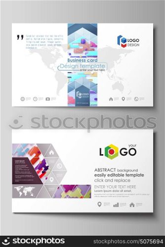 Business card templates. Abstract vector design layouts. Bright color lines and dots, colorful minimalist backdrop with geometric shapes forming beautiful minimalistic background.. Business card templates. Easy editable layout, abstract vector design template. Bright color lines and dots, colorful minimalist backdrop with geometric shapes forming beautiful minimalistic background.