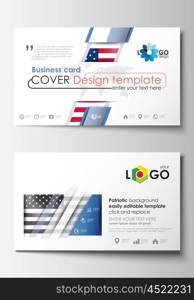 Business card templates. Cover design template, easy editable blank, abstract flat layout. Patriot Day background with american flag, vector illustration.