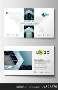 Business card templates. Cover design template, easy editable blank, abstract flat layout. Virtual reality, color code streams glowing on screen, abstract technology background with symbols