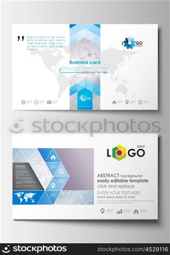Business card templates. Cover design template, easy editable blank, abstract flat layout. Molecule structure on blue background. Science healthcare background, medical vector.