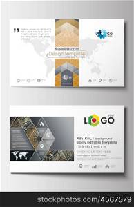 Business card templates. Cover design template, easy editable blank, abstract flat layout. Golden technology background, connection structure with connecting dots and lines, science vector