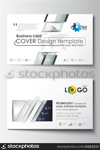 Business card templates. Cover design template, easy editable blank, abstract flat layout. Dotted world globe with construction and polygonal molecules on gray background, vector illustration