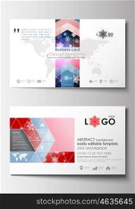 Business card templates. Cover design template, easy editable blank, abstract flat layout. Christmas decoration, vector background with shiny snowflakes