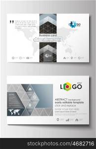 Business card templates. Cover design template, easy editable blank, abstract flat layout. Abstract 3D construction and polygonal molecules on gray background, scientific technology vector.