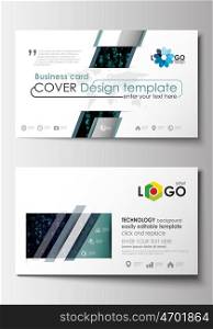 Business card templates. Cover design template, easy editable blank, abstract flat layout. Virtual reality, color code streams glowing on screen, abstract technology background with symbols.