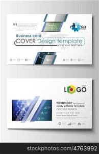 Business card templates. Cover design template, easy editable blank, abstract flat layout. DNA molecule structure, science background. Scientific research, medical technology.