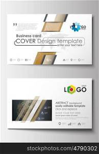 Business card templates. Cover design template, easy editable blank, abstract flat layout. Golden technology background, connection structure with connecting dots and lines, science vector.