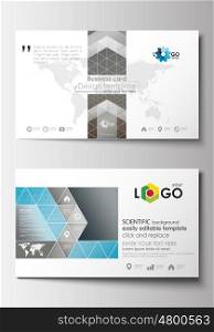 Business card templates. Cover design template, easy editable blank, abstract flat layout. Scientific medical research, chemistry pattern, hexagonal design molecule structure, science vector background.