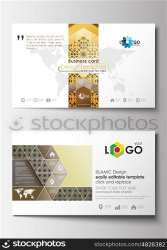 Business card templates. Cover design template, easy editable blank, abstract flat layout. Islamic gold pattern, overlapping geometric shapes forming abstract ornament. Vector golden texture.