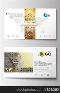 Business card templates. Cover design template, easy editable blank, abstract flat layout. Islamic gold pattern, overlapping geometric shapes forming abstract ornament. Vector golden texture.