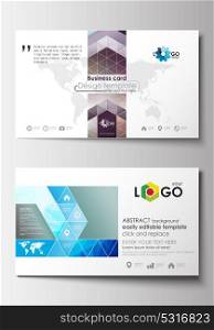 Business card templates. Cover design template, easy editable blank, flat layout. Abstract triangles, blue triangular background, colorful polygonal pattern.. Business card templates. Cover design template, easy editable blank, abstract flat layout. Abstract triangles, blue triangular background, colorful polygonal pattern.