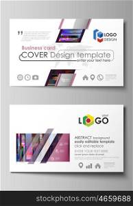 Business card templates. Easy editable layout, abstract flat design template, vector illustration. Glitched background made of colorful pixel mosaic. Digital decay, signal error, television fail. Trendy glitch backdrop.