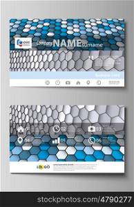 Business card templates. Easy editable layout, abstract vector design template. Blue and gray color hexagons in perspective. Abstract polygonal style modern background.